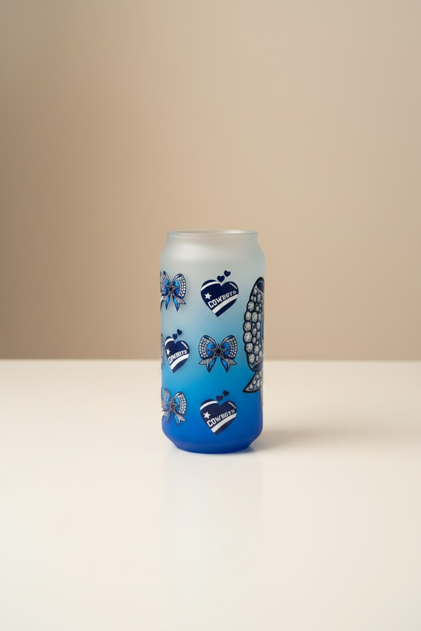 18oz Glass Dallas Cowboys Tumbler w/ Wood Lid & Metal Straw